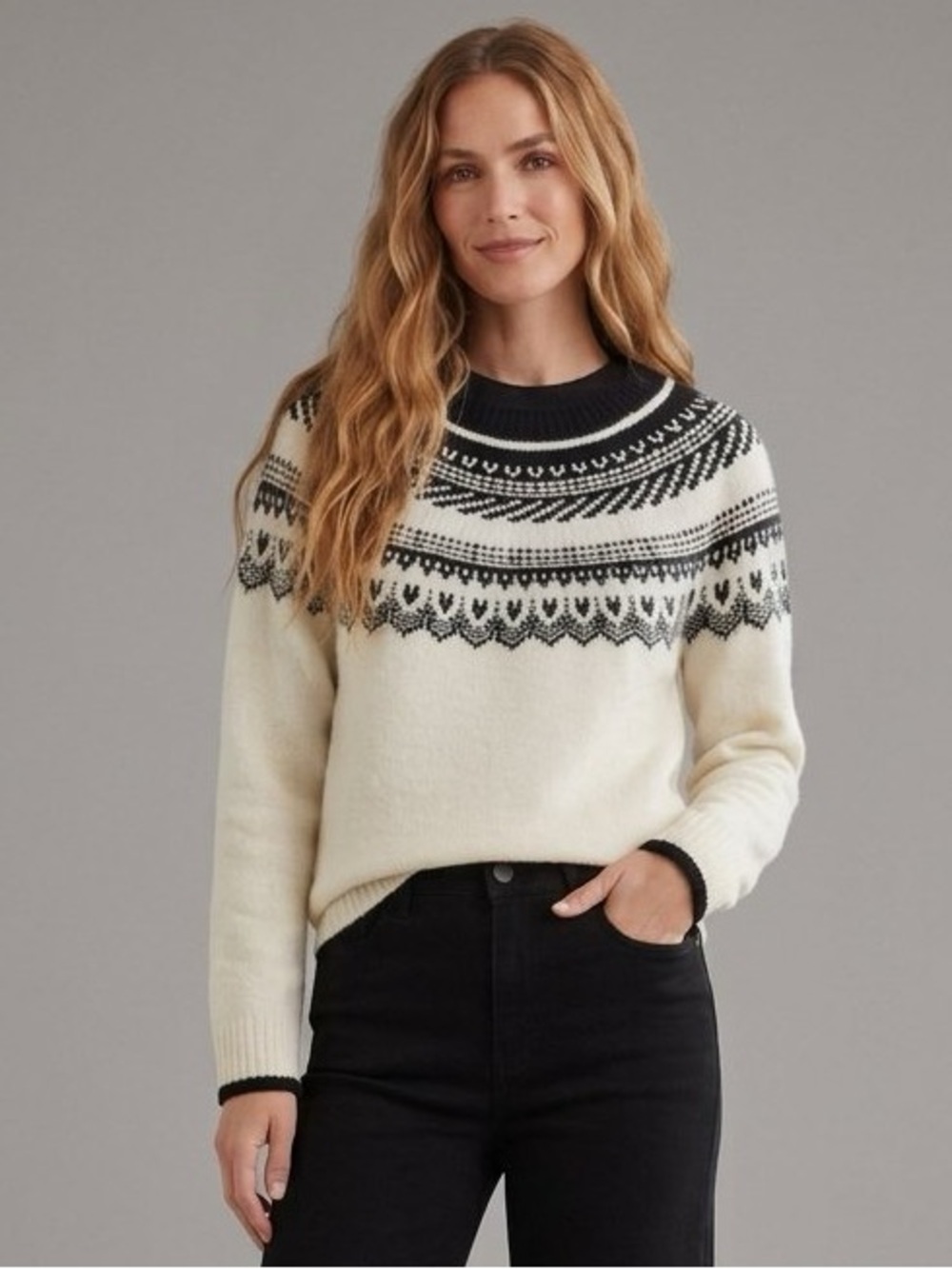 Plus Size Classic Ivory & Black Fair Isle Crewneck Sweater Classic Chic